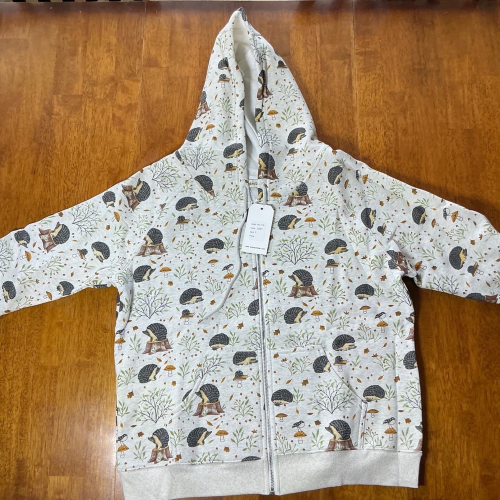 SM Wardrobe Hedgehog Mushroom Woodland Print Zip Up Hoodie Grey Small HO-116 - Picture 2 of 7